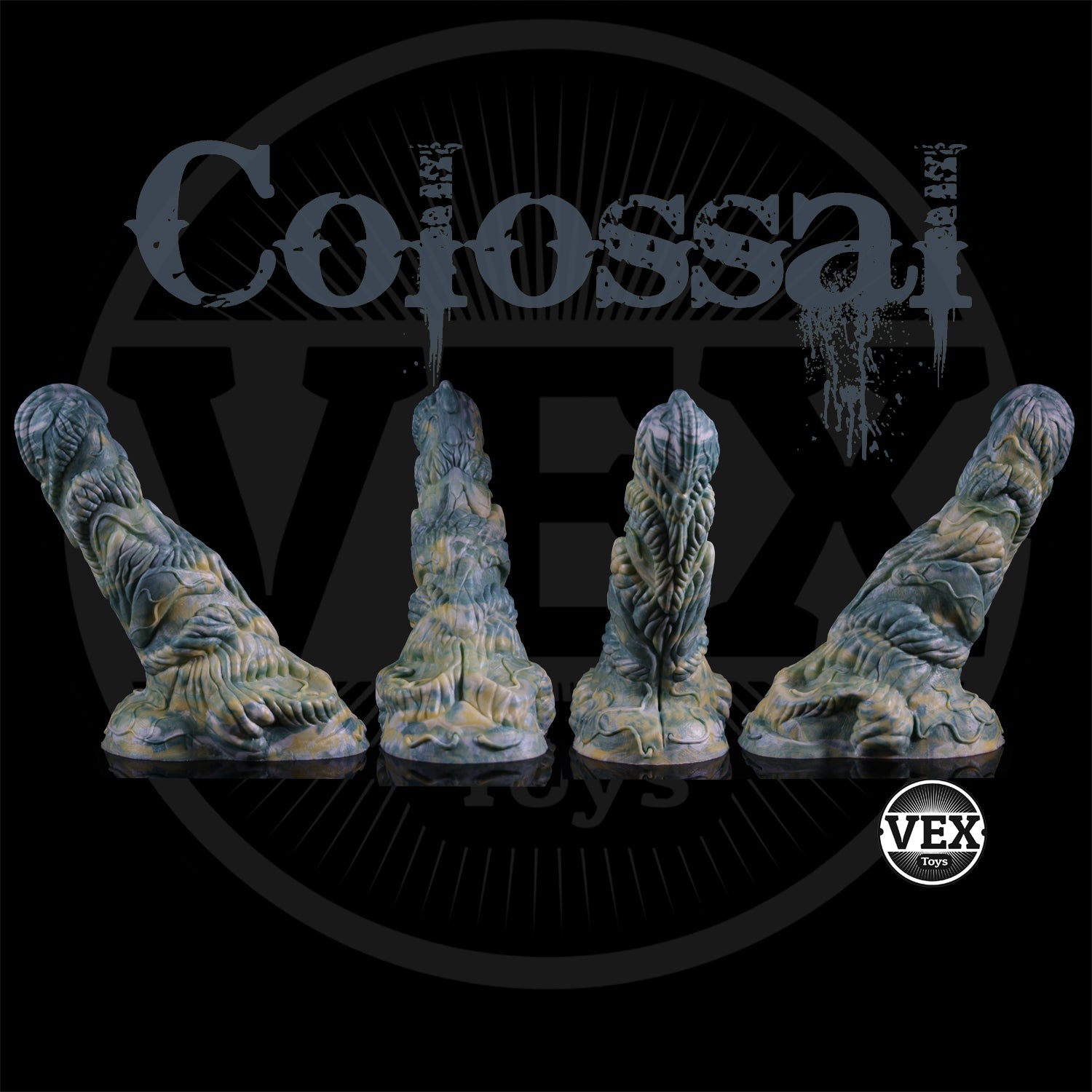 Four dildos on a black background with 'Colossal VEX' branding.