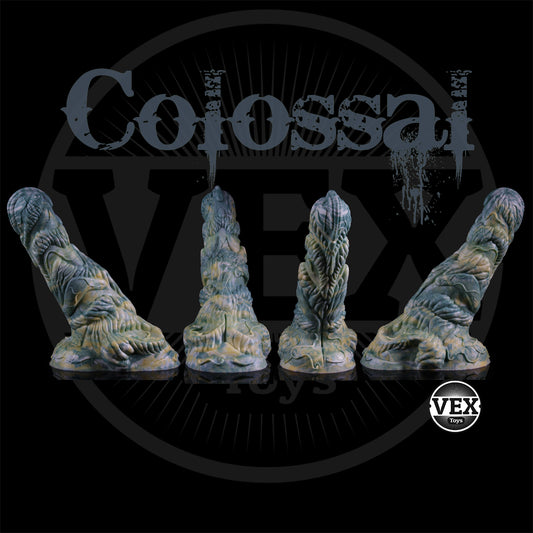 Four dildos on a black background with 'Colossal VEX' branding.